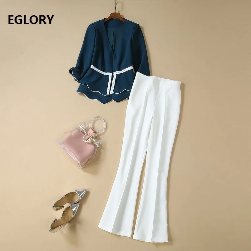 

Top Grade Designer Clothing Sets 2019 Autumn Coat Suit Women V-Neck Color Block Strip Patchwork Blue Jacket+Full Length Pant Set
