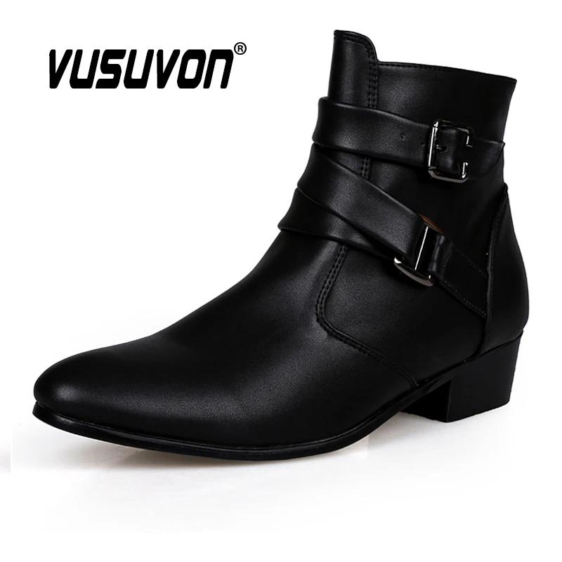 Fashion Men Spring Autumn Pointed Toe Height Increase Chelsea Ankle Boots Western High Top Casual Shoe PU Leather men chelsea boots men leather shoes