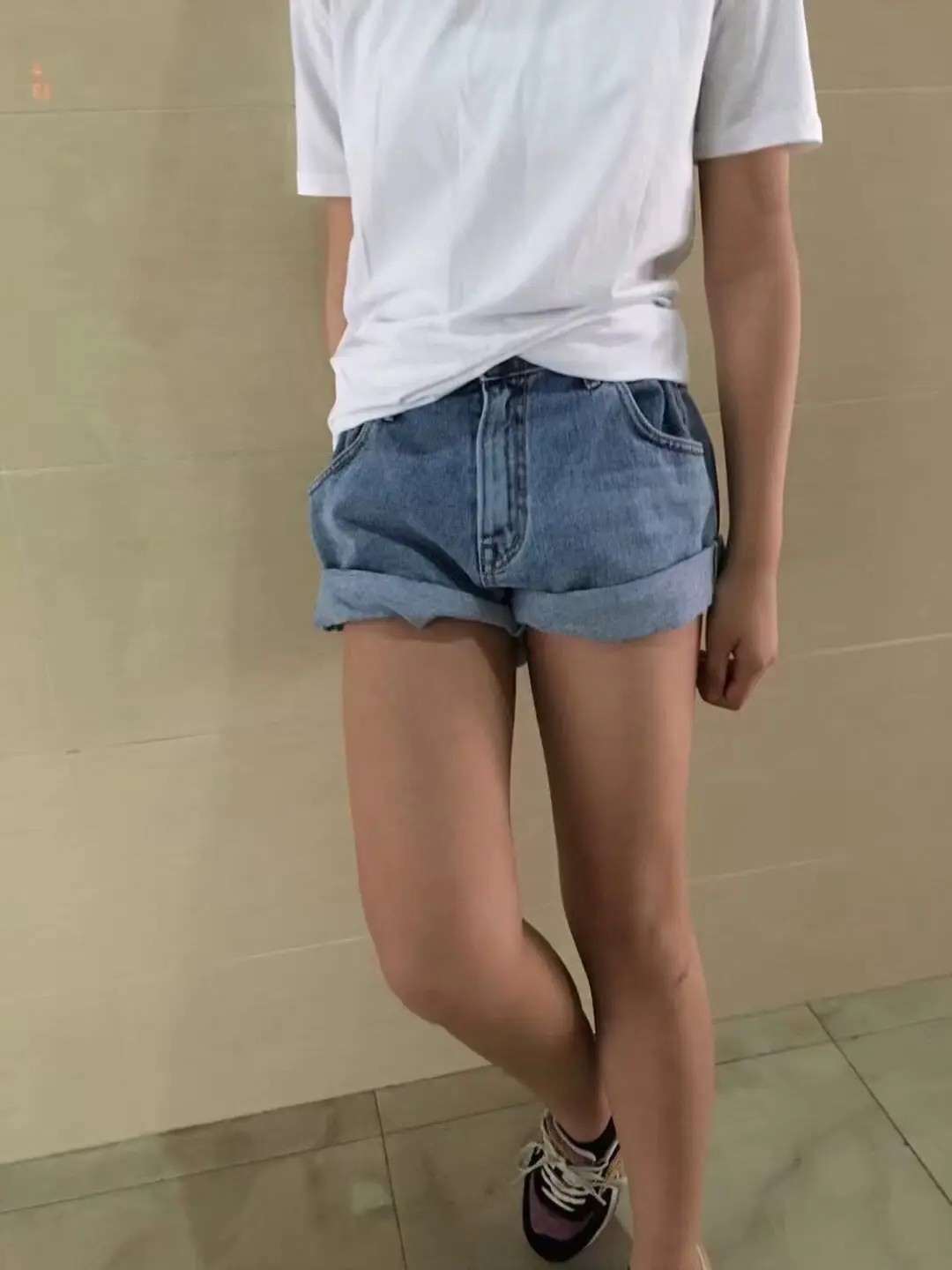 South Korea Dongdaemun Shirred Elastic High-waisted Crimping A- line Washing Denim Shorts Women's Shorts Loose-Fit Loose Pants F