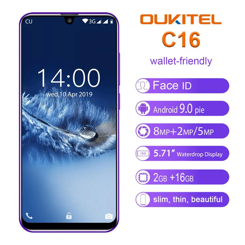 OUKITEL C16 5.71" HD+ 19:9 Android 9.0 Smartphone WaterDrop Fingerprint Mobile Phone MT6580P 2G RAM 16G ROM 2600mAh Unlock