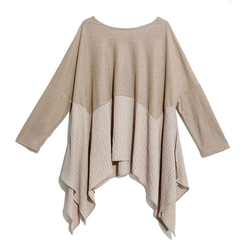 TVVOVVIN Europe Fashion Women T Shirts Autumn New Round Neck Wild Long-sleeved T-shirt Loose Pluz Size Irregular Tops F242