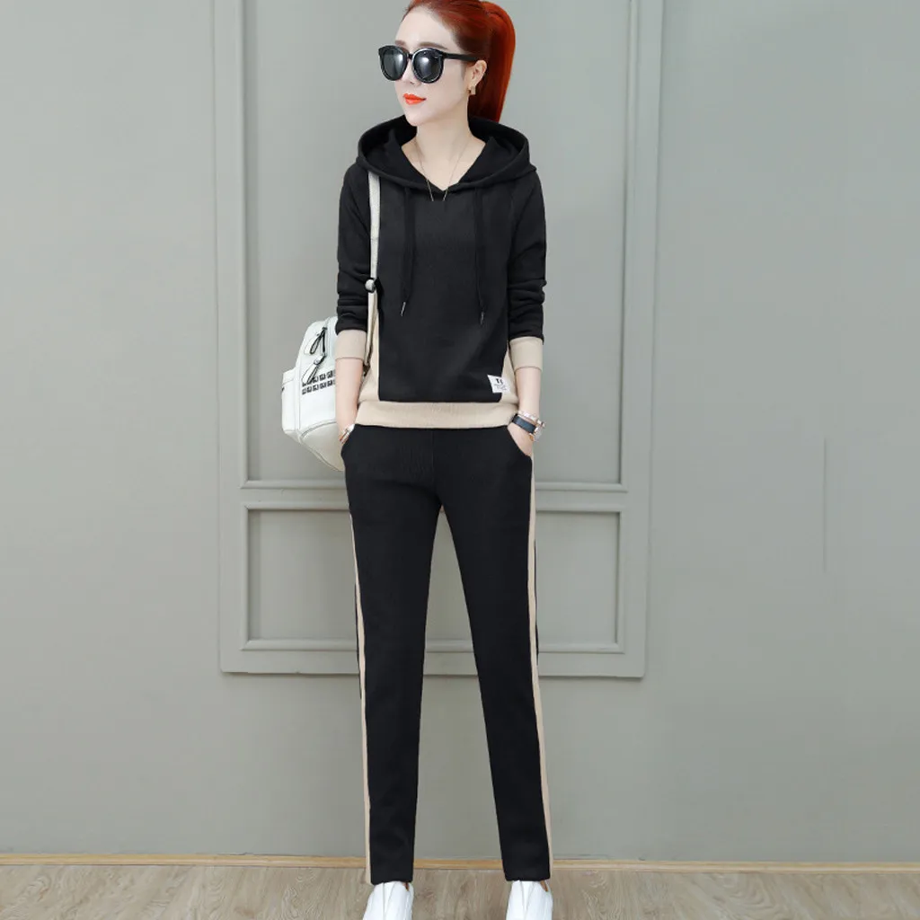 

Sports Wear For Women Gym Plus Size O-neck Long Sleeve Long Pant Patchwork Personality Костюм Спортивный Женский#