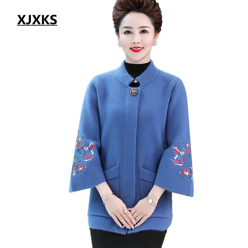 

XJXKS 2019 autumn winter new loose plus size women's woolen coat fashion embroidery comfortable cashmere women's coat