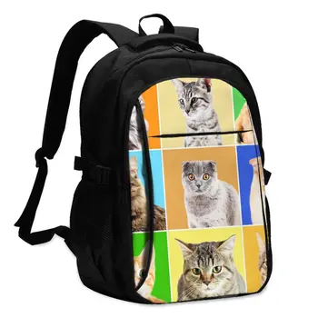 

Backpack USB Charge Women Cute Cats Portraits On Bright Backgrounds Student Backpack Letters Print School Bag Girls Backpack