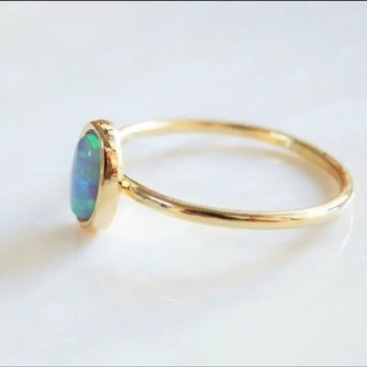 Fashion Simple Gold Plated Inlay Blue Opal Ring for Women Cocktail Party Dainty Ring Wedding Band Ring Fine Jewelry Xmas Gifts