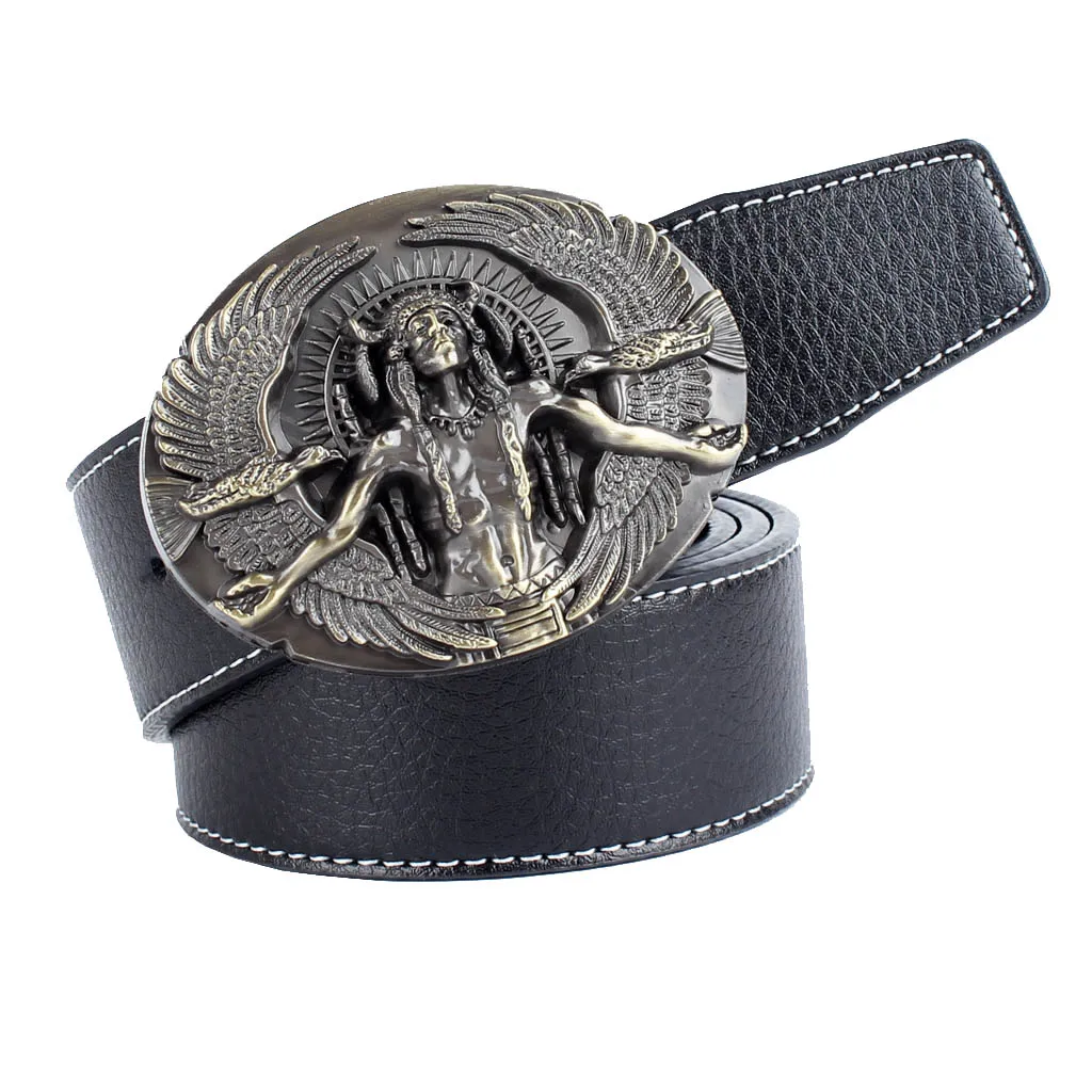 Luxury Native  Chief Tribe Leader Oval Shape Buckle Fiber Leather Belt Cowboy Waist Belt