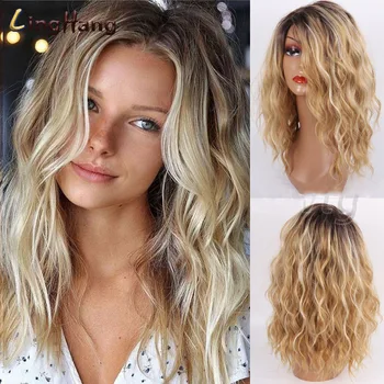

LINGHANG Short Wavy Blonde Ombre Brown Synthetic Heat Resistant Fiber Wigs For Black Women For Wedding Cosplay Women's Daily