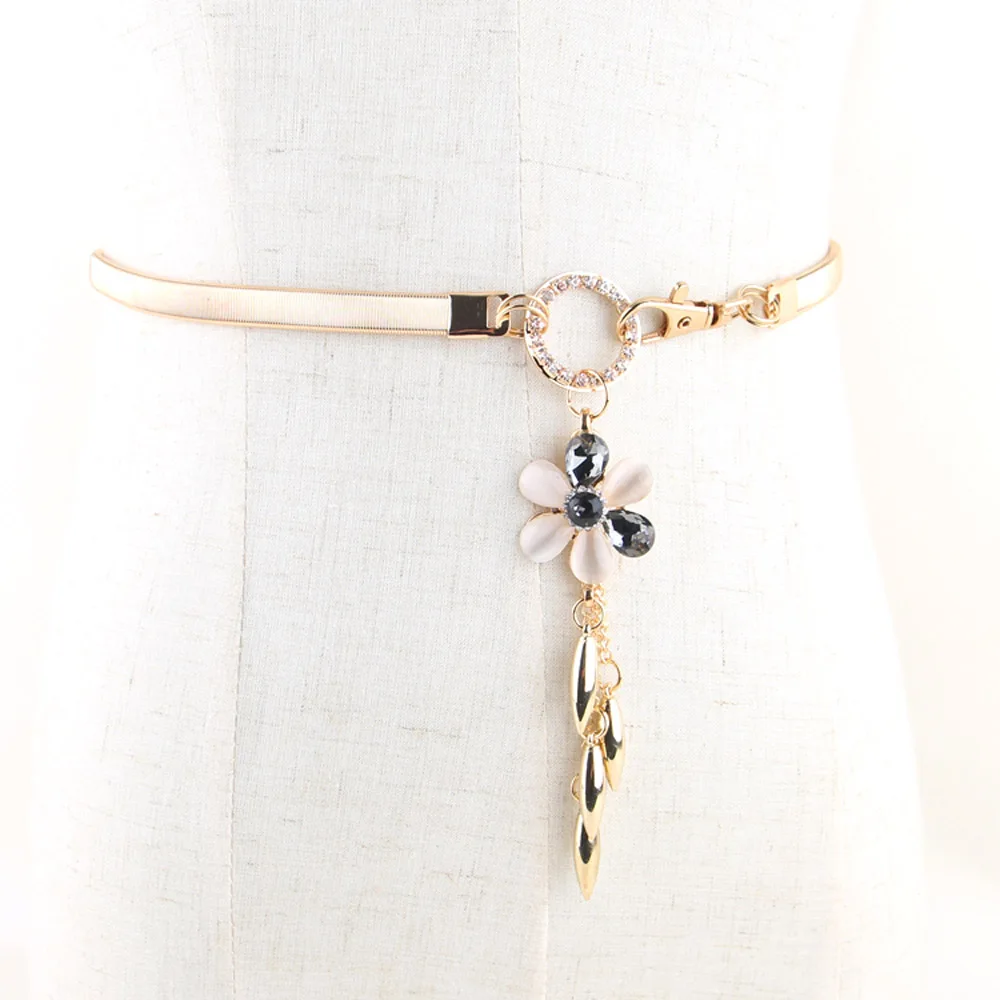 Flower Ladies Elastic Metal Hanging Ring Pendant Waist Chain Dress Waistband Belt Décor LLBLT0319 - Цвет: Flower