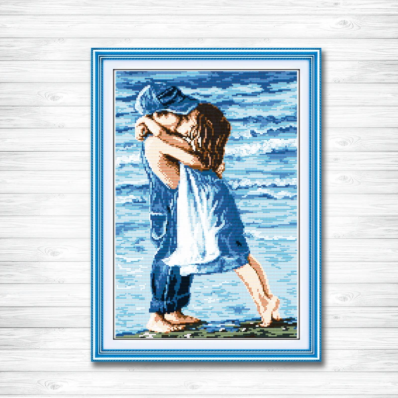

Lovers on seaside Counted Printed on canvas 11CT DMC 14CT Cross Stitch Embroidery kit needlework Set childhood Girl and boy kiss