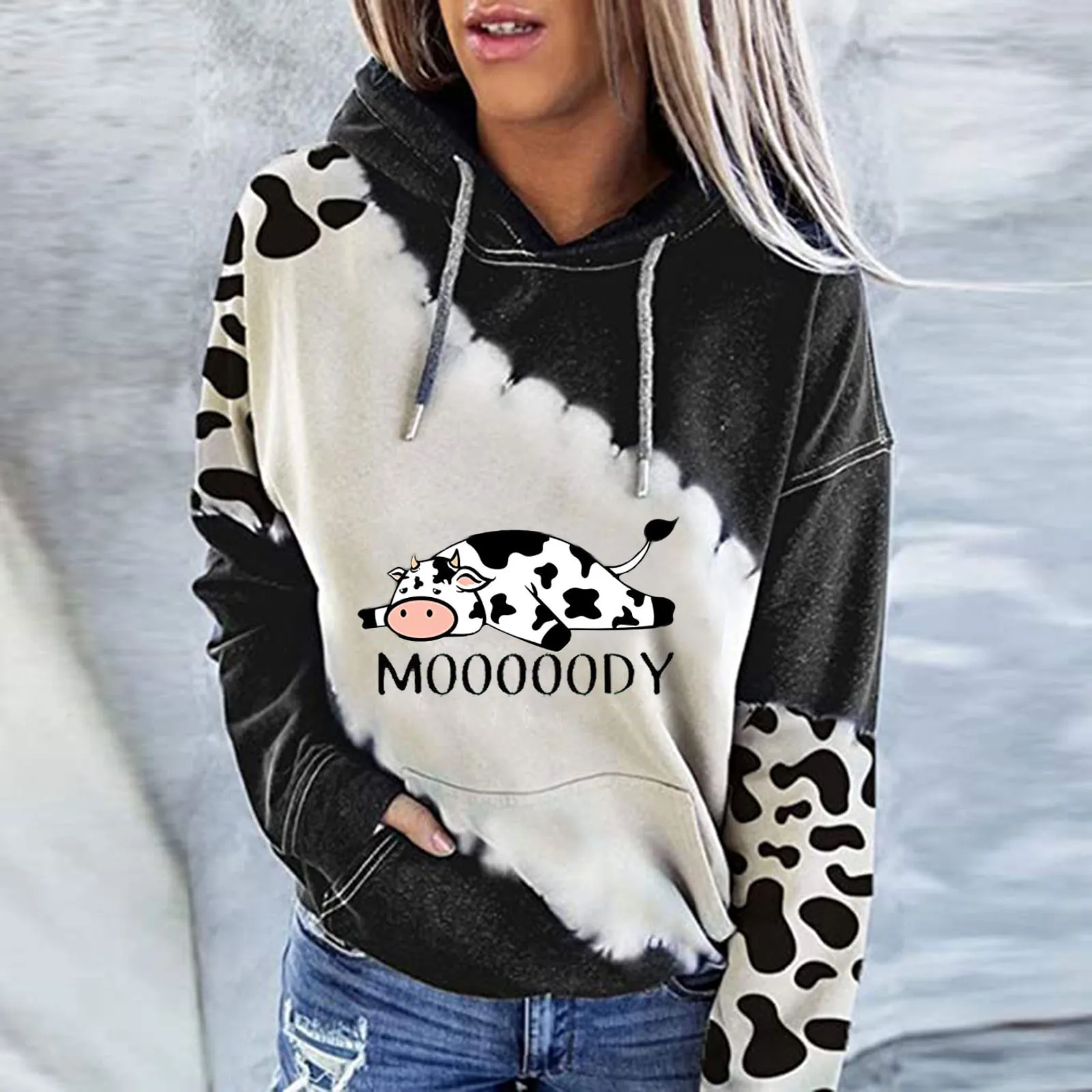 MOOOOODY Hoodies Top Fashion Women's Clothing Long Sleeve Patchwork Cow Printed Sweatshirts kawaii Ladies Hooded Sweatshirt Tops 1