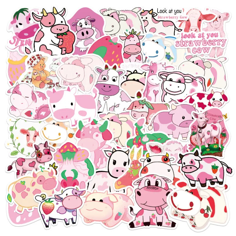 50 PCS Kawaii Cartoon Pink Strawberry Cow Stickers For Girl Kids DIY Skateboard Suitcase Laptop Bicycle Helmet Car Decals | Компьютеры и