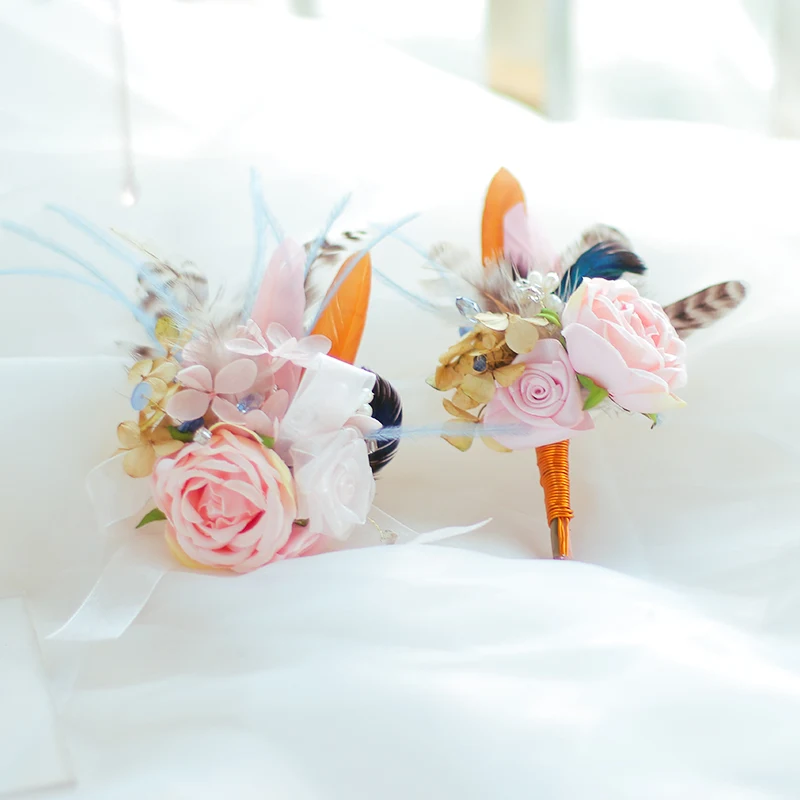 Pink rose bouquet Feather Flower bouquet wedding Bride Bridal Artificial Flowers Handmade decoration bouquets
