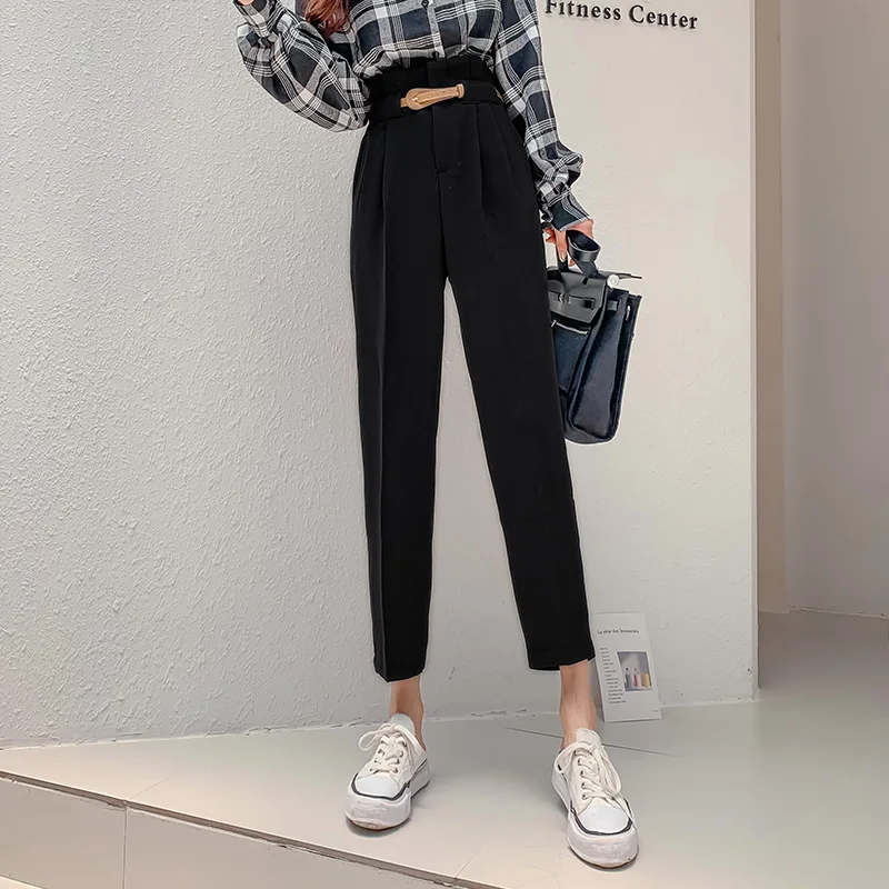 REALEFT Autumn Korean Casual Women Pants with Belt Female Work Wear Pants High Waist Trousers Office Lady New Trousers