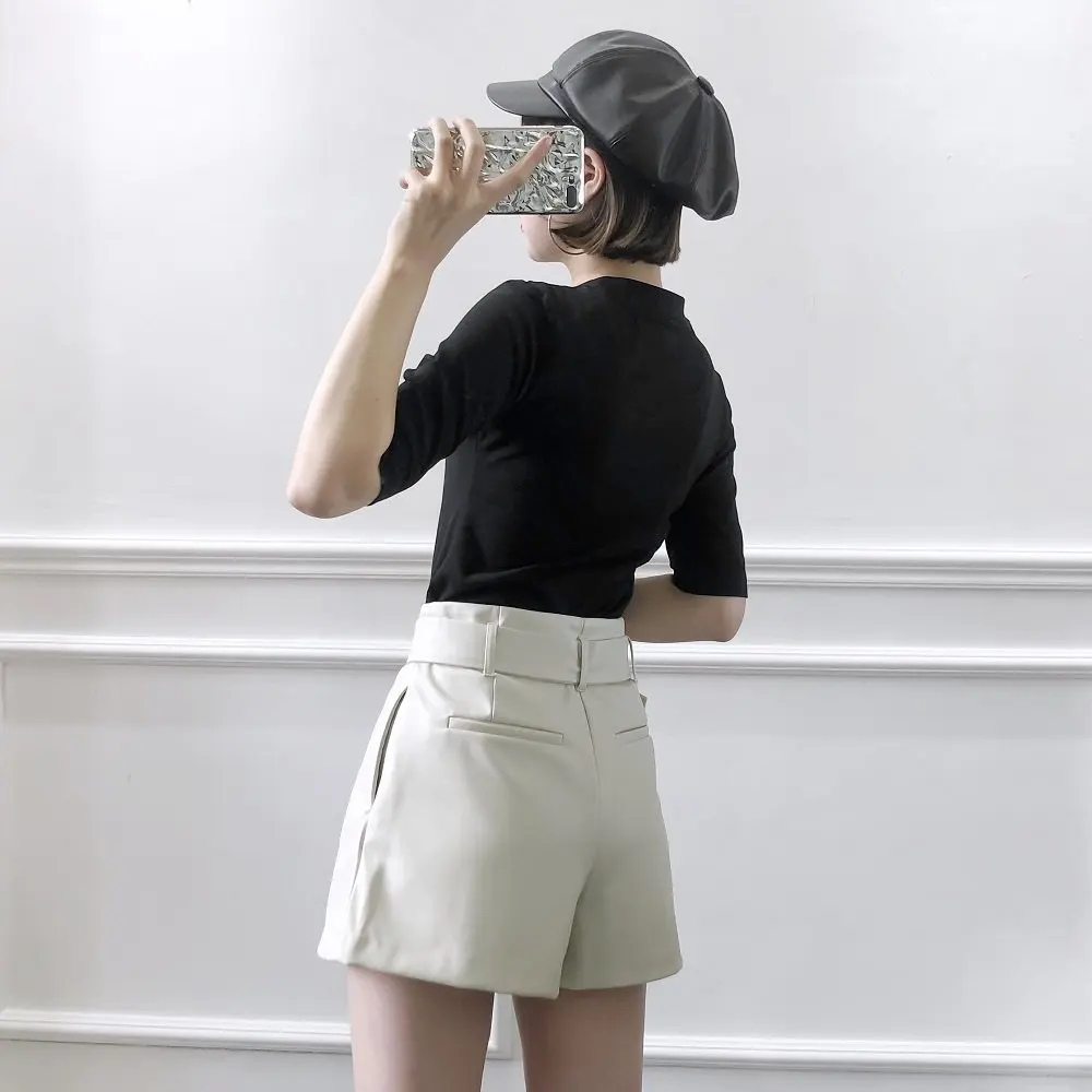 Новые кожаные шорты корейские женские шорты с высокой талией кожаные повседневные шорты с ремнем из искусственной кожи в стиле панк женские черные шорты