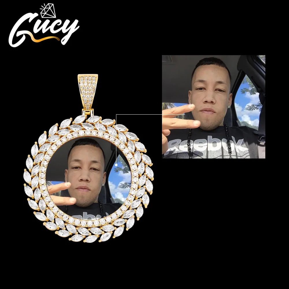 GUCY Grain Pattern Custom Photo Roundness Solid Back Pendant & Necklace With Tennis Chain Cubic Zircon Men's Hip Hop Jewelry