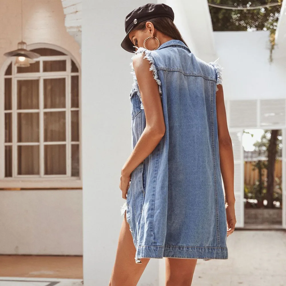 Women New Denim Long Vest Coat Retro Fashion Blue Tassel Fringed Sleeveless Single Breasted Button Pockets Vest Jacket Waistcoat