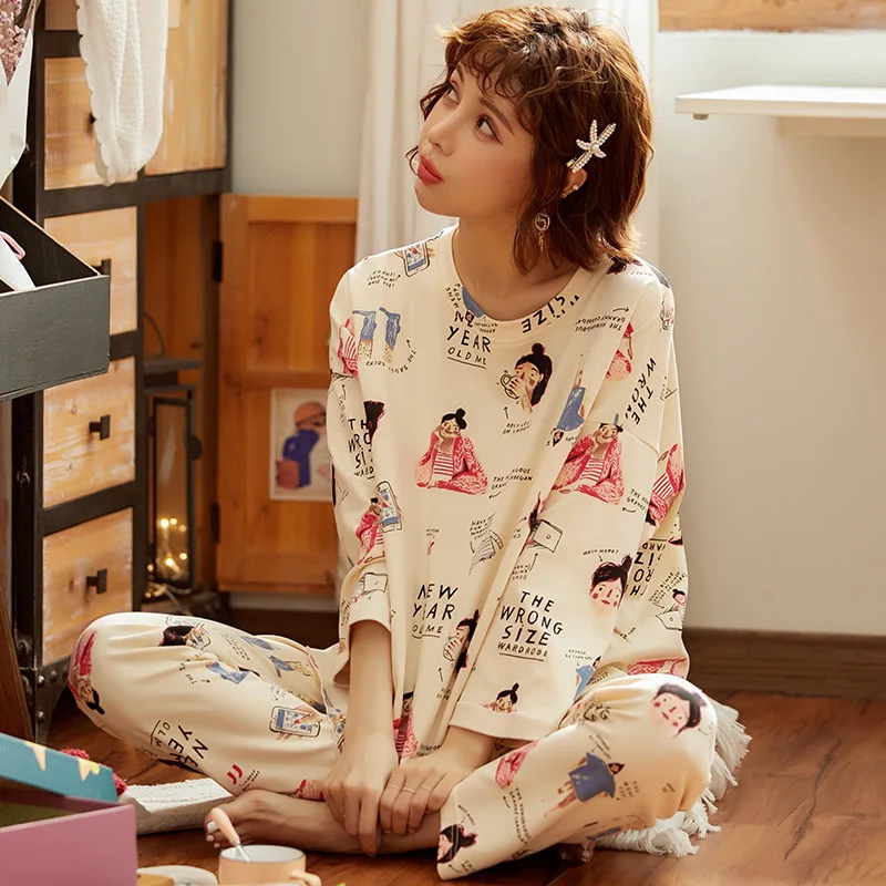 

Japanese Korean-Style Pajamas Women's 2020 Spring And Autumn New Style Casual Loose-Fit Sweet Cartoon Cotton Crew Neck Tracksuit
