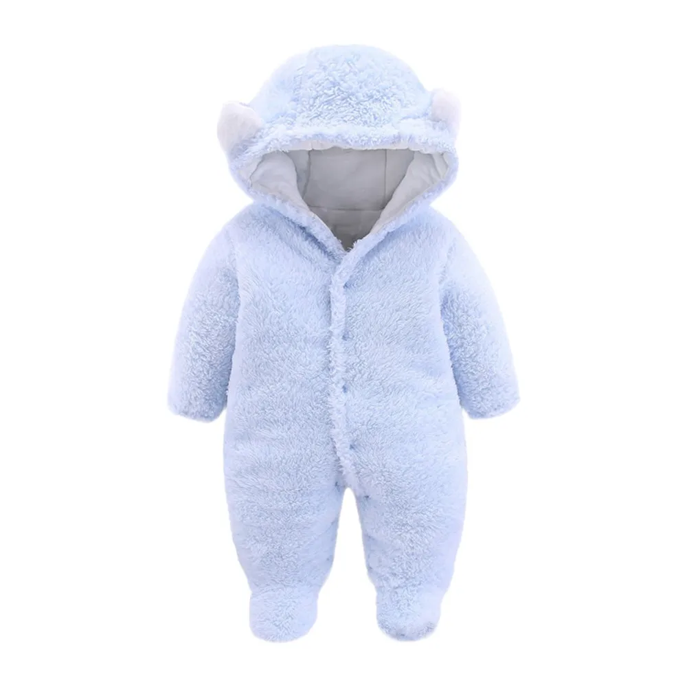 Light Blue Детские Зимняя Одежда для новорожденных, для маленьких девочек, одноцветные Носки с рисунком медведя из мультика с плюшевой подкладкой с капюшоном комбинезоны детские одежда Одежда для новорожденных - Цвет: Light Blue