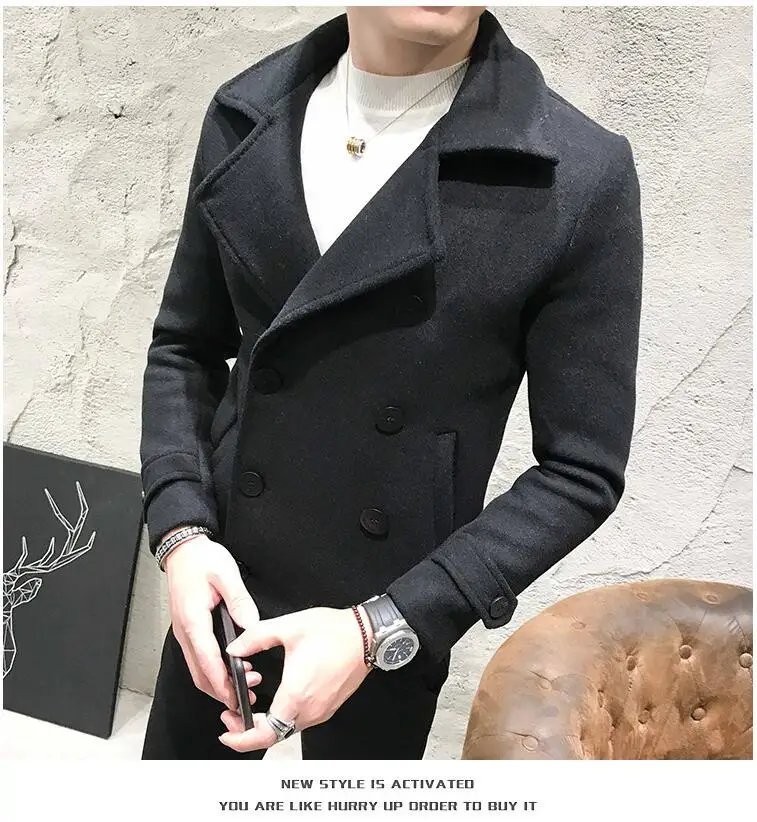 Корейский зимний мужской модный Тренч с отложным воротником, сплошной цвет, Двубортный повседневный мужской шерстяной Тренч