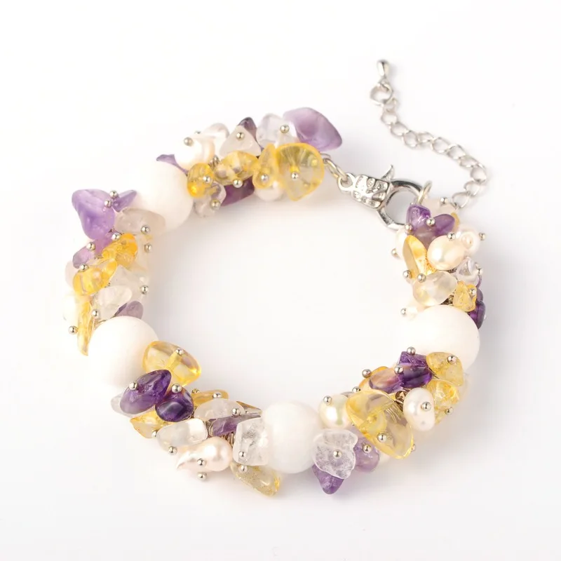 10pcs Elegant Irregular Natural Stone Chips Beads Bracelets with Claw Clasp Iron End Chains Bracelets Bangles For Women Jewelry