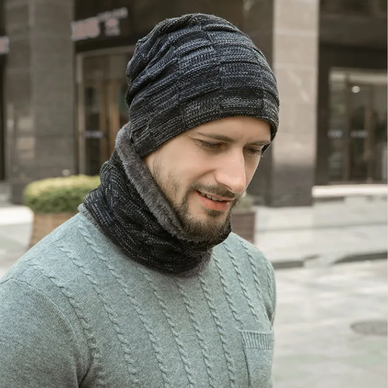 Горячая Skullies Beanies кольцо для Шляпы шарф из двух частей теплая зимняя шапка плюс бархатная Толстая шерстяная шапка для мужчин мягкая эластичная шапка мужские головные уборы