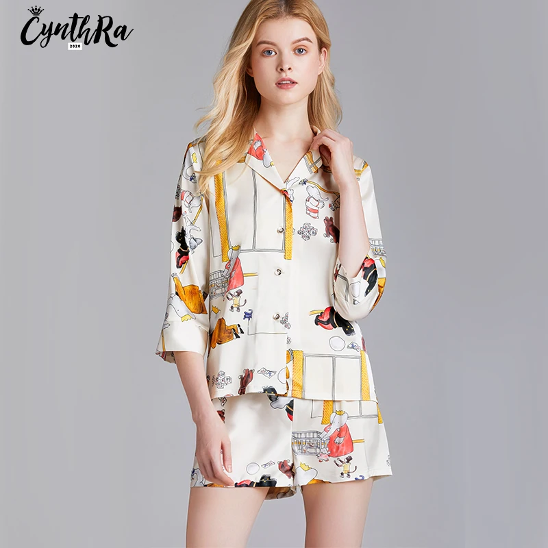 CYNTHRA 2 Piece Sleepwear 2020 New Summer Women Homewear Faux Silk France Style Pajamas Set half sleeve Pajamas Suit  Sleepwear