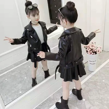 

Black Color New Cool Autumn Winter Hot Children PU Girl Jackets Fashion Short Style Zipper Faux leather Warm Baby Girl Outerwear