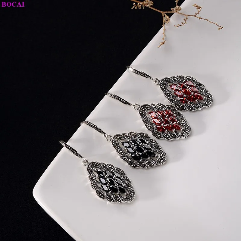 BOCAI S925 Sterling Silver Earrings For Women Retro National Style Fashion Thai Ear Drop Pure Argentu Gemstone Jewelry | Украшения и