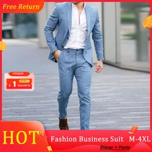 Fashion Men's Sets Male Blazer Clothing Blue Solid Single-Breasted OL Office Wear 2021 Autumn Suit Male Blazer And Pants