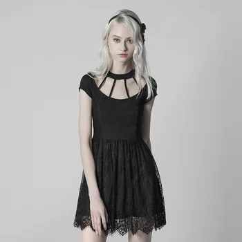 

PUNKRAVE Women's Punk Sexy Dark Knit Lace Dress Gothic Hollow Out Short Sleeve Casua Party Summer Dresses