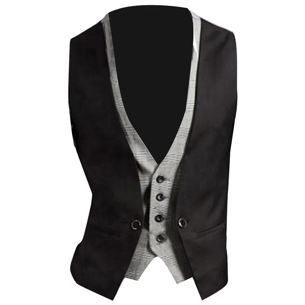 

Men Formal Waistcoat Vest Business Solid Color Single Button Vest gilet Fake Two-pieces V Neck Casual chalecos para hombre Q6419