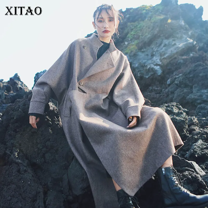 

XITAO Irregular Wool Bating Sleeve Solid Trench Women 2019 Autumn Winter Personality Fashion Loose Turn Down Collar Coat WLD2702