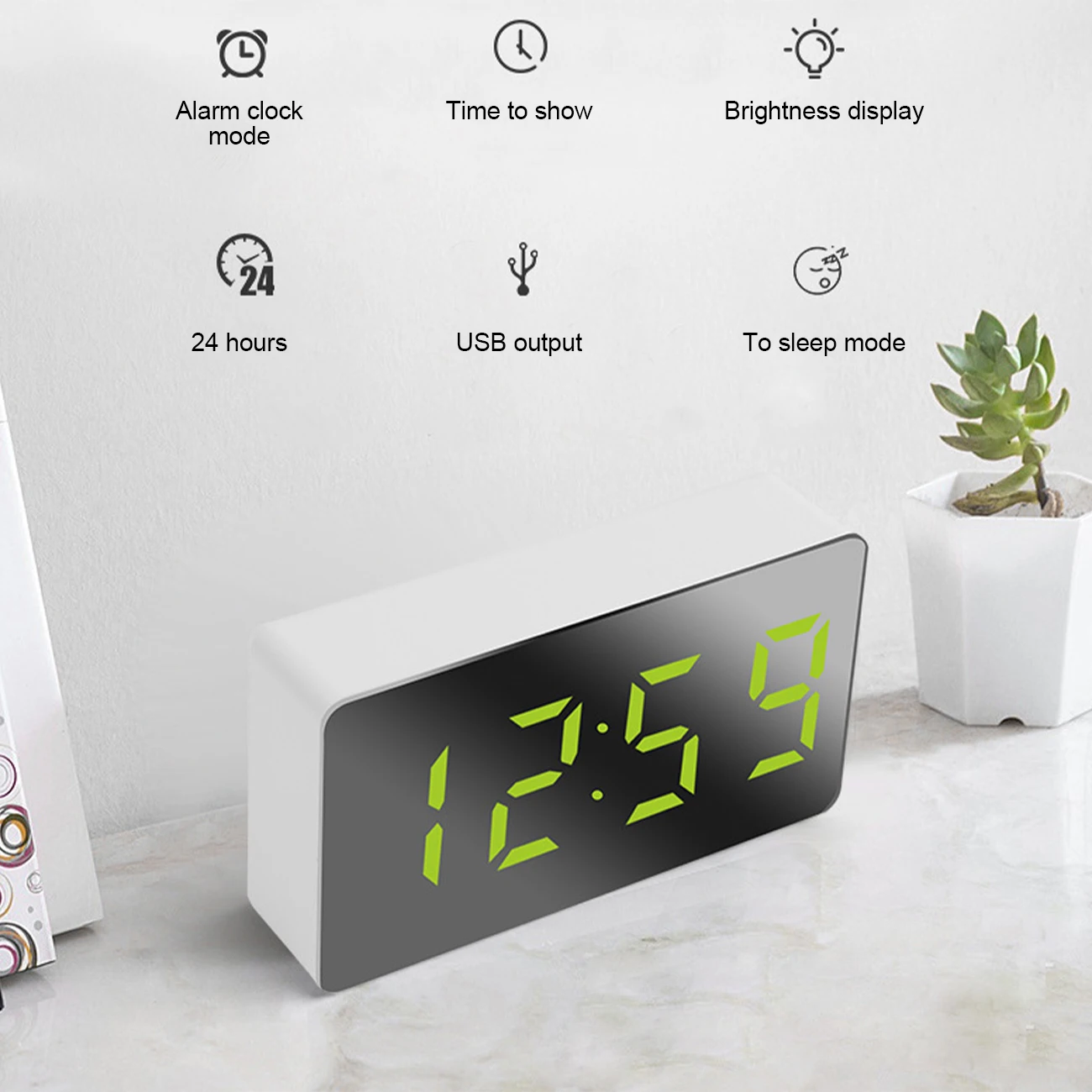LED Digital Mirror Alarm Clock Mini Clock Multifunctional Snooze Display Time Night LCD Light Table Desktop USB 5v/No Battery 4