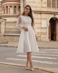 Pukguro Short Wedding Dress Knee Length Long Sleeves Scoop Neck Bridal Gowns A Line Simple Dress for Women robe de soiree