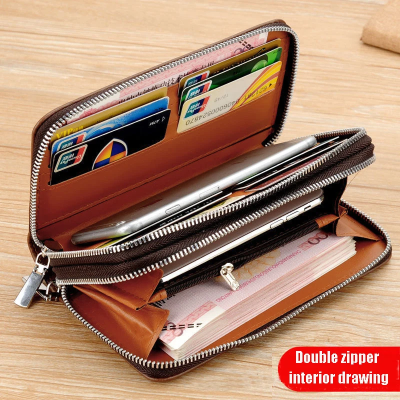 Men's leather wallet Large Capacity billeteras para hombre Double Zipper Men Clutch Bag  portafoglio uomo Male Business Wallet 5