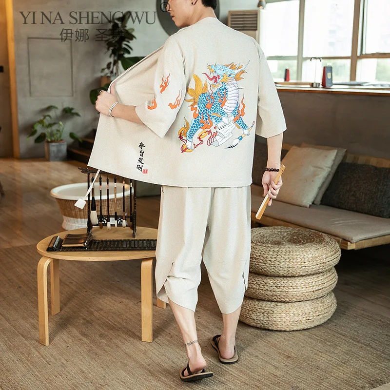 

Japanese Kimono Clothing Print Embroide Dragon Men Chinese Style Uniform Set Haori Top Cardigan Harem Pants Wide Leg Trouser Set