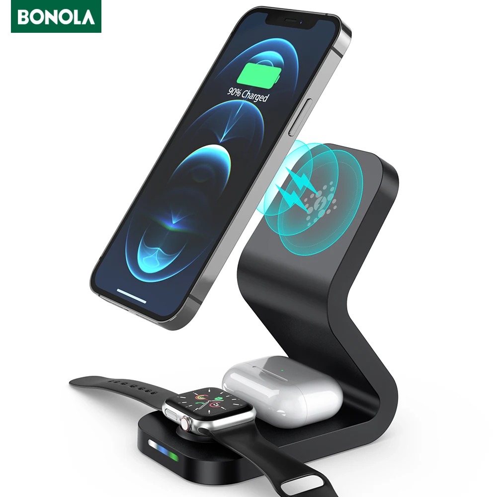 Bonola 15W Qi 3 in 1 Magnetic Wireless Charging for iPhone 12/12 Mini Quick Charge Station Dock for Airpods Pro/Apple Watch 6 5