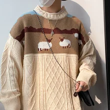 2021 Harajuku Knitted Sweaters Cartoon Sheep Pullovers Men Hip Hop Streetwear Sweater Male Autumn Winter Loose Pullovers