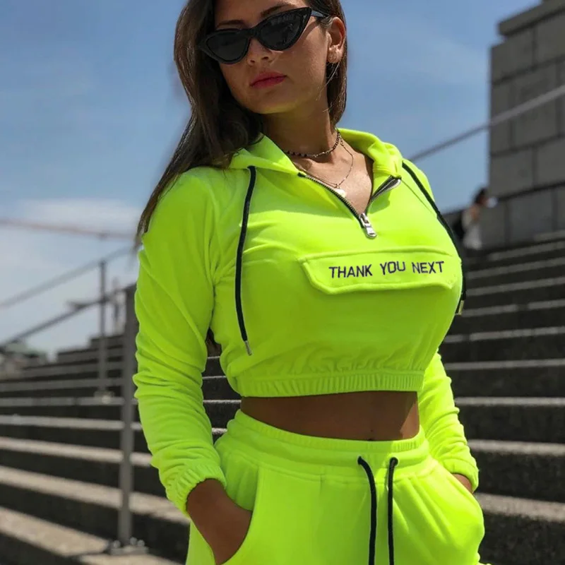

Zipper Hooded Drawstring Outdoor Sports Set Autumn Winter Warm Velvet Letter Patchwork Yoga Set Sweatshirt Fluorescent Green