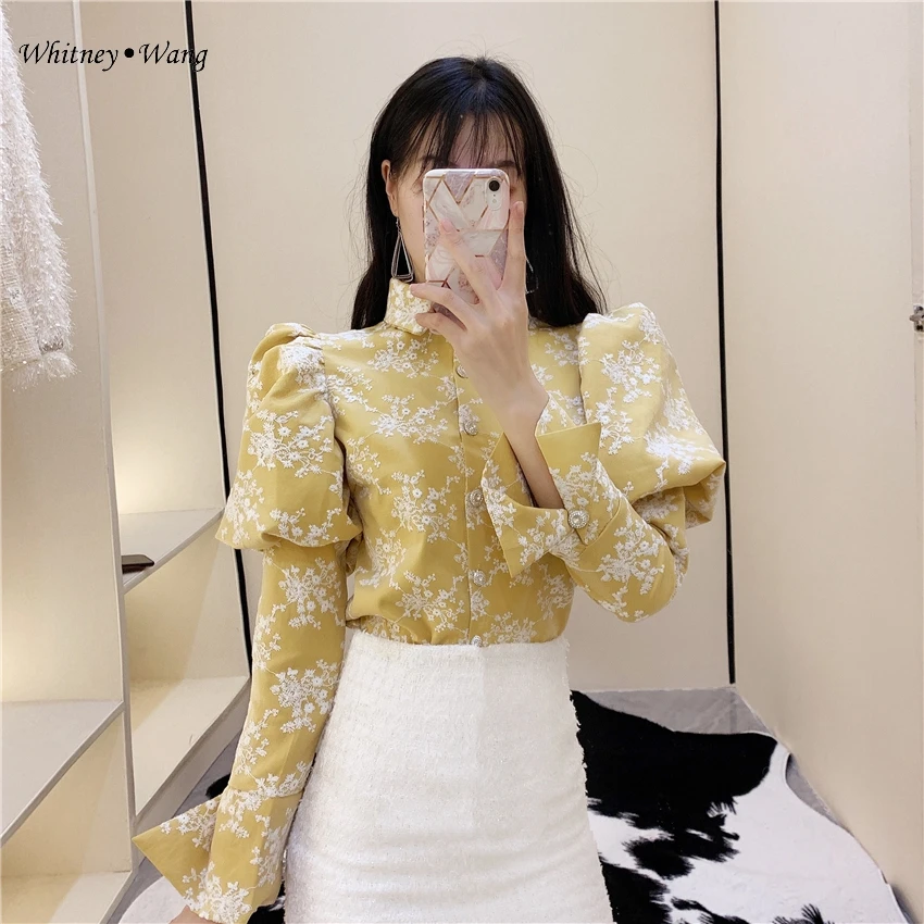 Женская винтажная блузка WHITNEY WANG сетчатая с вышивкой и пышными рукавами Офисная