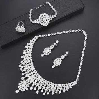 

LARRAURI Brand Big Statement Collar Drop Earrings Bangle Ring Full CZ Crystal Wedding Jewelry Sets For Women Lover Wife Gifts