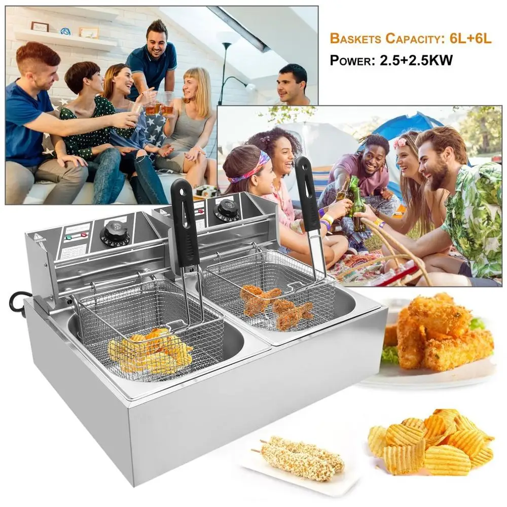 

Commercial Professional Electric Stainless Steel Double Pots Deep Fryer Twin-tanks With Lids Baskets 2 x 10 Liter EU Plug
