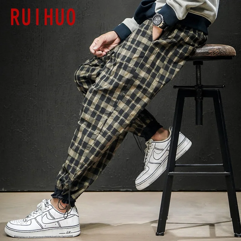 RUIHUO, клетчатые повседневные штаны, мужские уличные винтажные штаны, мужские Модные брюки, мужские штаны в стиле хип-хоп, спортивные штаны, 5XL, Новинка осени