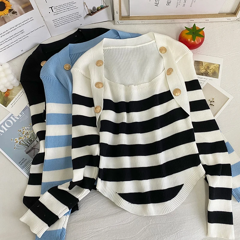 Autumn Spring Striped Slim Irregular Square Collar Sweaters Jumpers Women's New Long-Sleeved Gold Buttons Pullovers | Женская одежда
