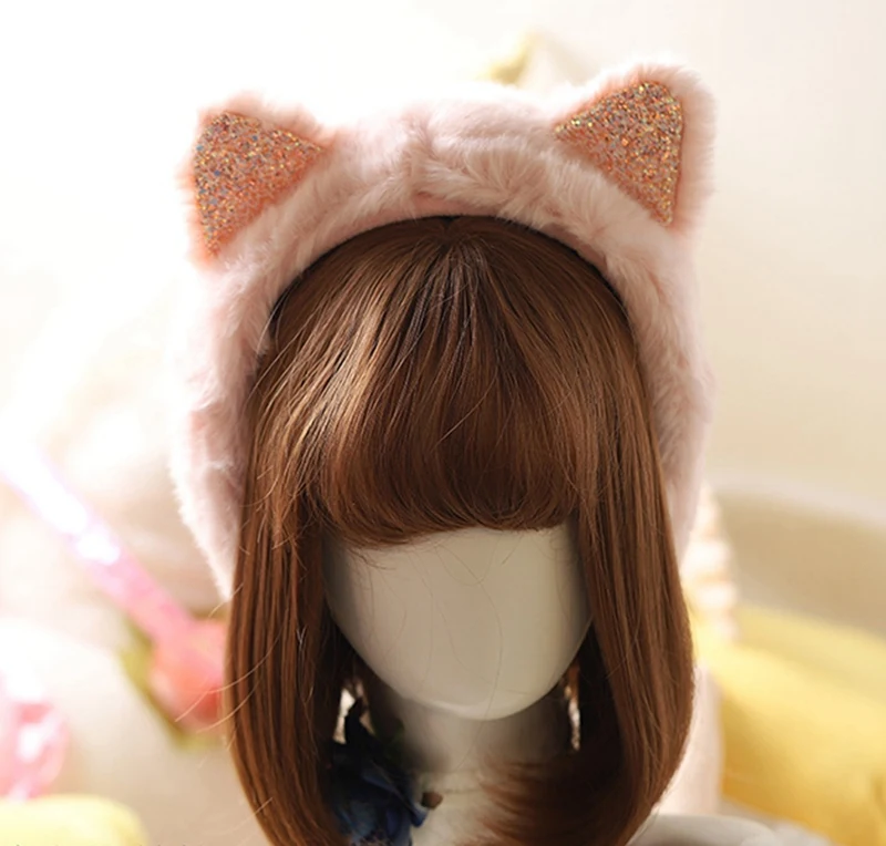 Cat Light Pink Лолита зимнее ухо теплые наушники Блестки Кролик кошка ухо муфты уха-лоскут оголовье - Цвет: Cat Light Pink