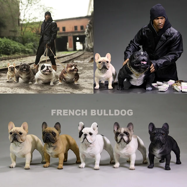 1/6 Hand-made PVC Simulation Animal French Bulldog Toy with Collar and Chain Mini Ornaments for 12 inch Action Figure Body 6