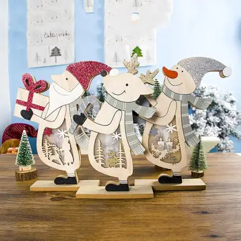 

GloryStar Christmas Ornaments Painted Elk Lights Wooden Santa Snowman With Light Merry Christmas Decoration For Home