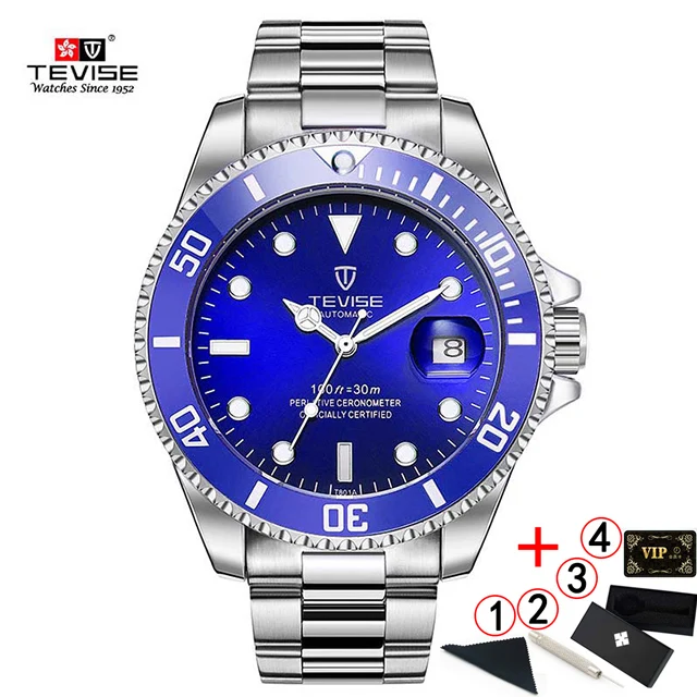 Tevise Luxury Waterproof Automatic Men Mechanical Watch Auto Date Steel Business Top Brand Man Watches Water Resistant - Color: 8-blue-silver-box