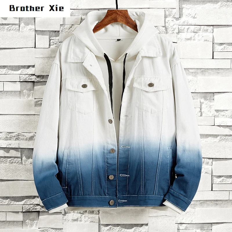 

Gradient Denim Jacket Men's Fashion Washed Retro Casual Denim Jacket Man Streetwear Wild Hip Hop Loose Bomber Jacket Male M-3XL