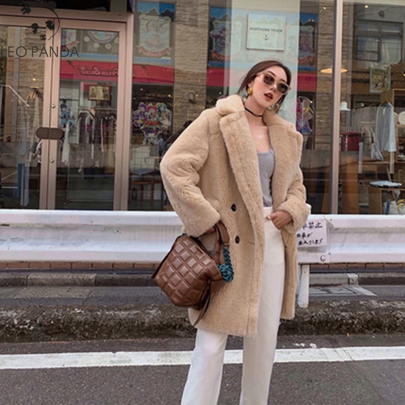 Женское шерстяное пальто с лацканами Длинное свободное теплое большого размера